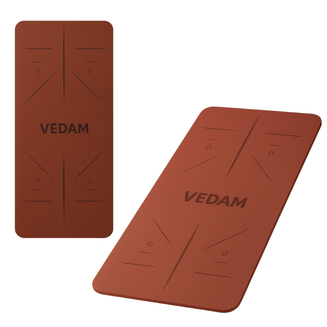 Vedam TPE Alignment Yoga Mat with body alignment lines for perfect posture, non-slip surface, eco-friendly material, and extra cushioning — ideal for yoga, pilates, and home workouts.