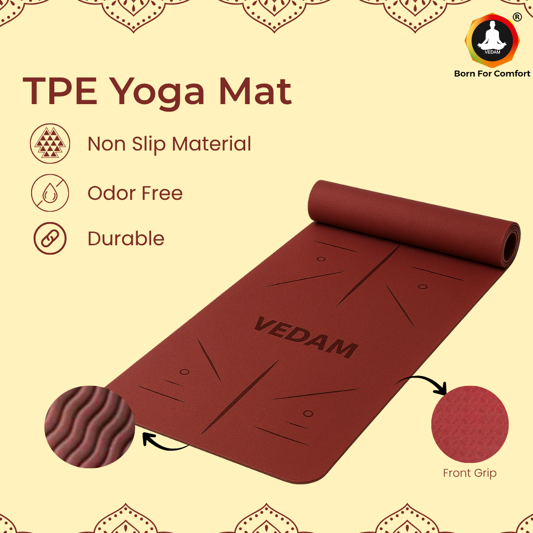 Vedam TPE Alignment Yoga Mat with body alignment lines for perfect posture, non-slip surface, eco-friendly material, and extra cushioning — ideal for yoga, pilates, and home workouts.