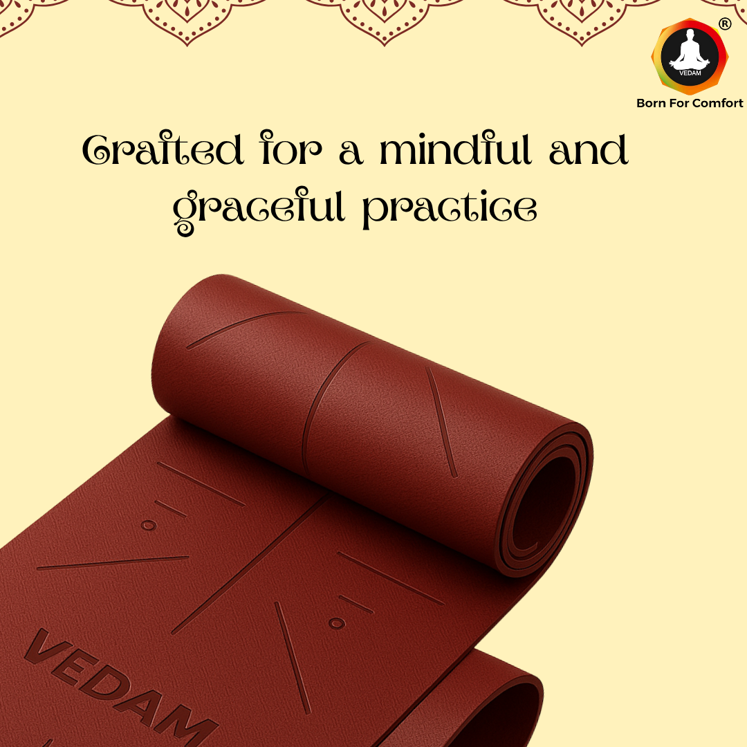 Vedam TPE Alignment Yoga Mat with body alignment lines for perfect posture, non-slip surface, eco-friendly material, and extra cushioning — ideal for yoga, pilates, and home workouts.