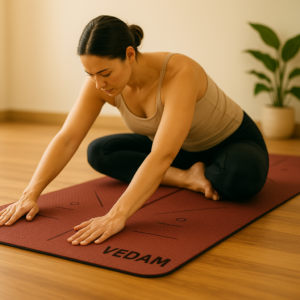 Vedam TPE Alignment Yoga Mat with body alignment lines for perfect posture, non-slip surface, eco-friendly material, and extra cushioning — ideal for yoga, pilates, and home workouts.