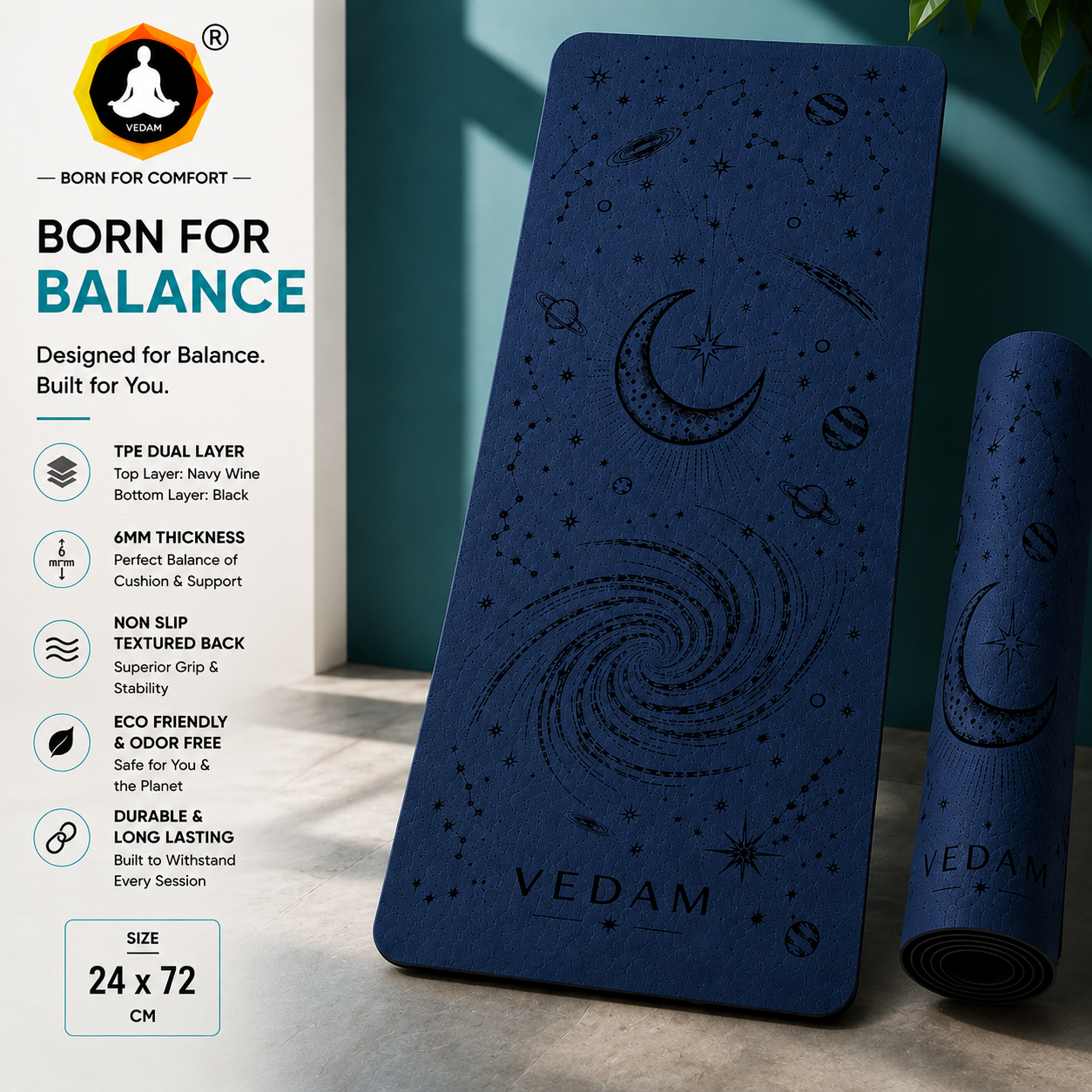 Vedam TPE Cosmic Yoga Mat (Navy) 8MM - Image 2