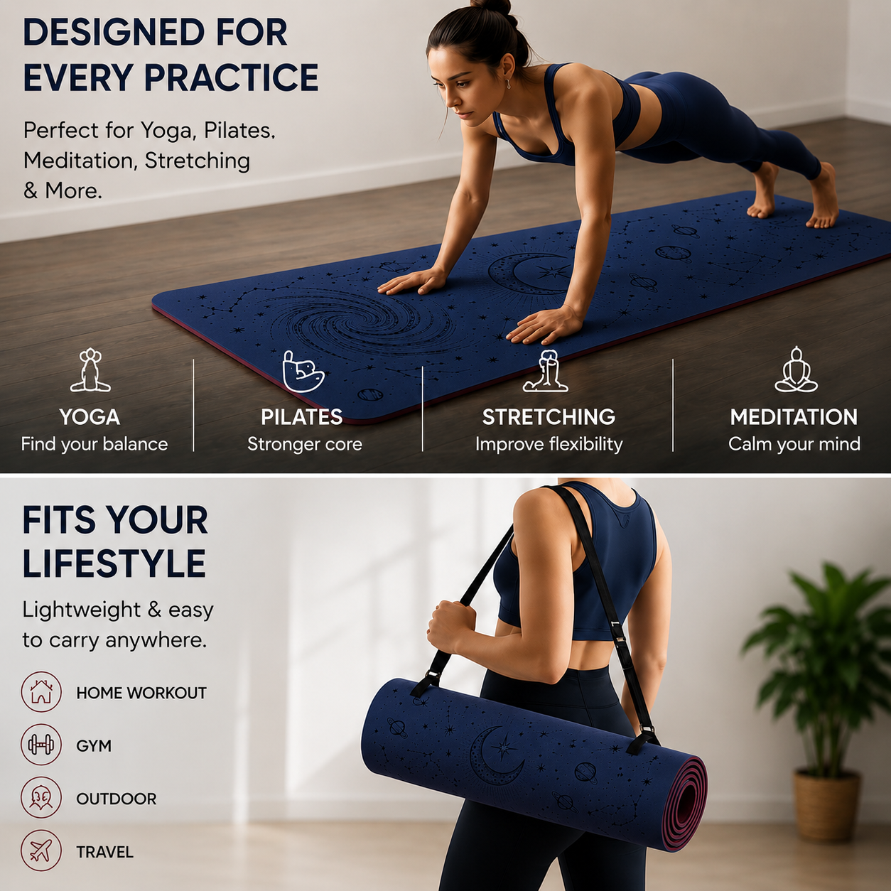 Vedam TPE Cosmic Yoga Mat (Navy) 8MM - Image 6