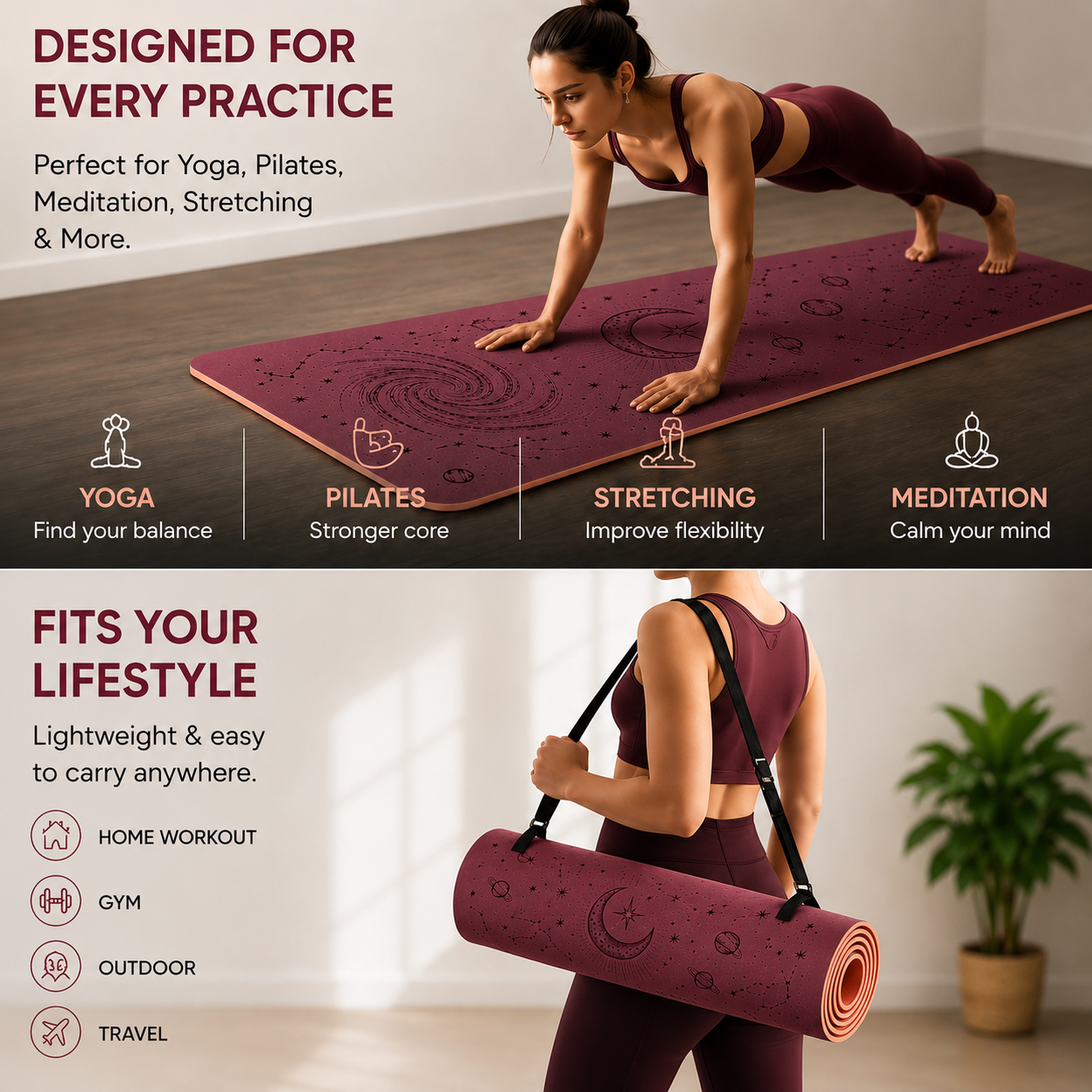 Vedam TPE Cosmic Yoga Mat (Wine) 8MM - Image 6