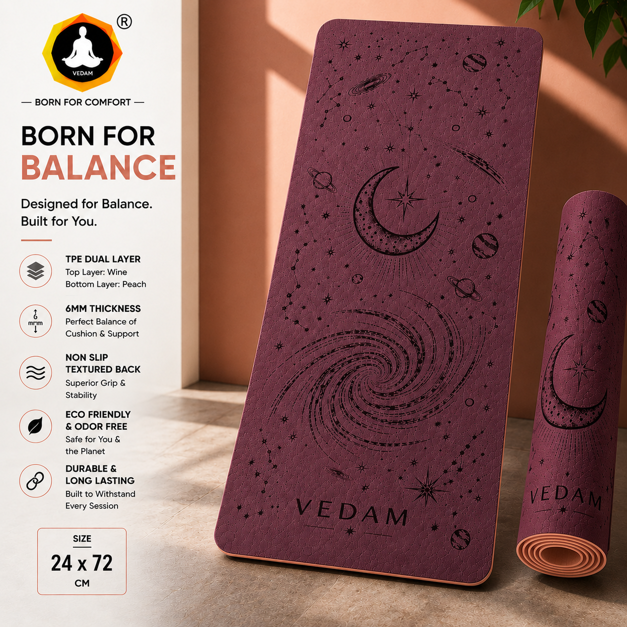 Vedam TPE Cosmic Yoga Mat (Wine) 8MM - Image 2