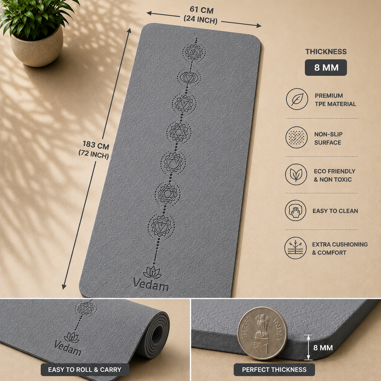 Vedam TPE Chakra Yoga Mat (Grey) 8MM - Image 2