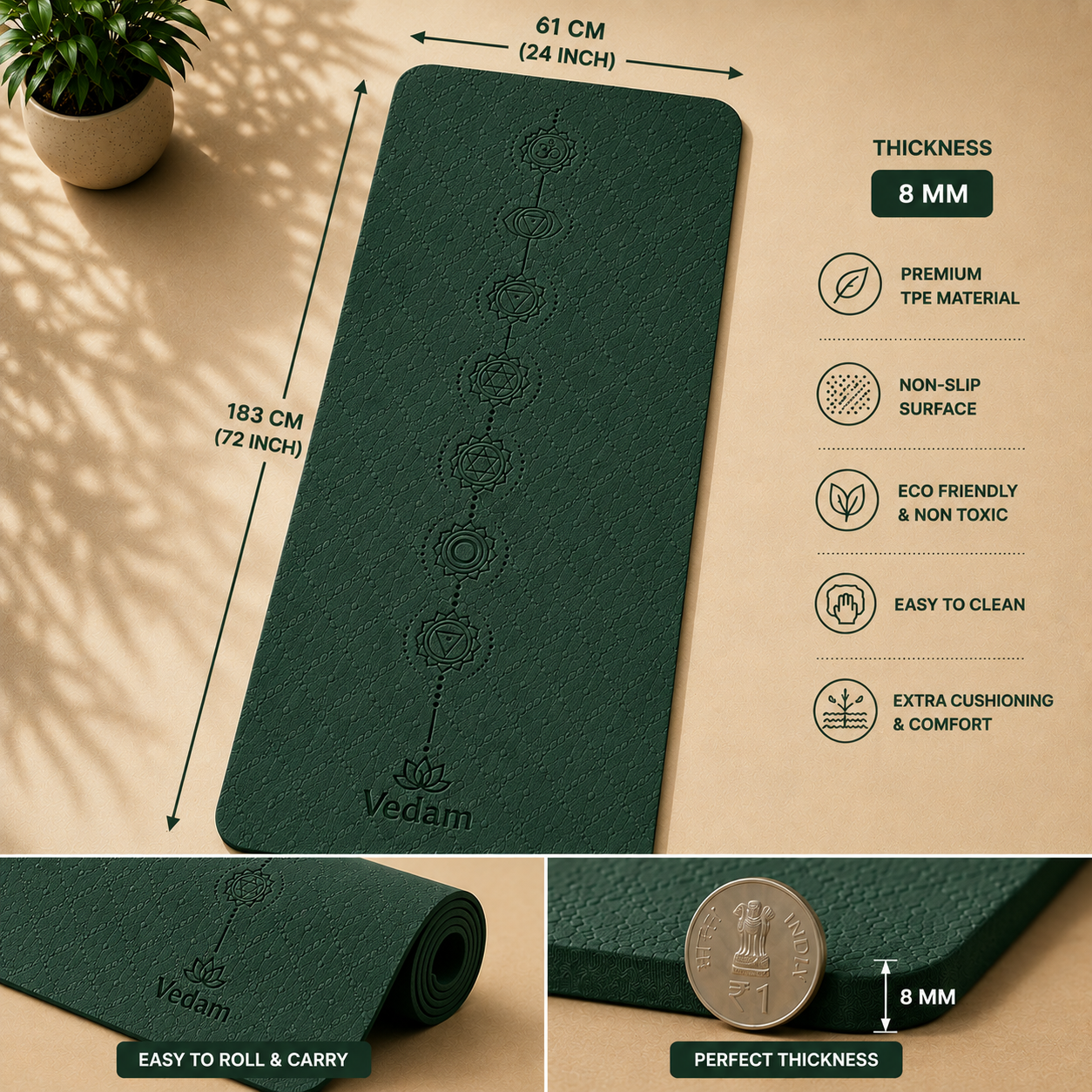 Vedam TPE Chakra Yoga Mat (Bottel Green) 8MM - Image 2