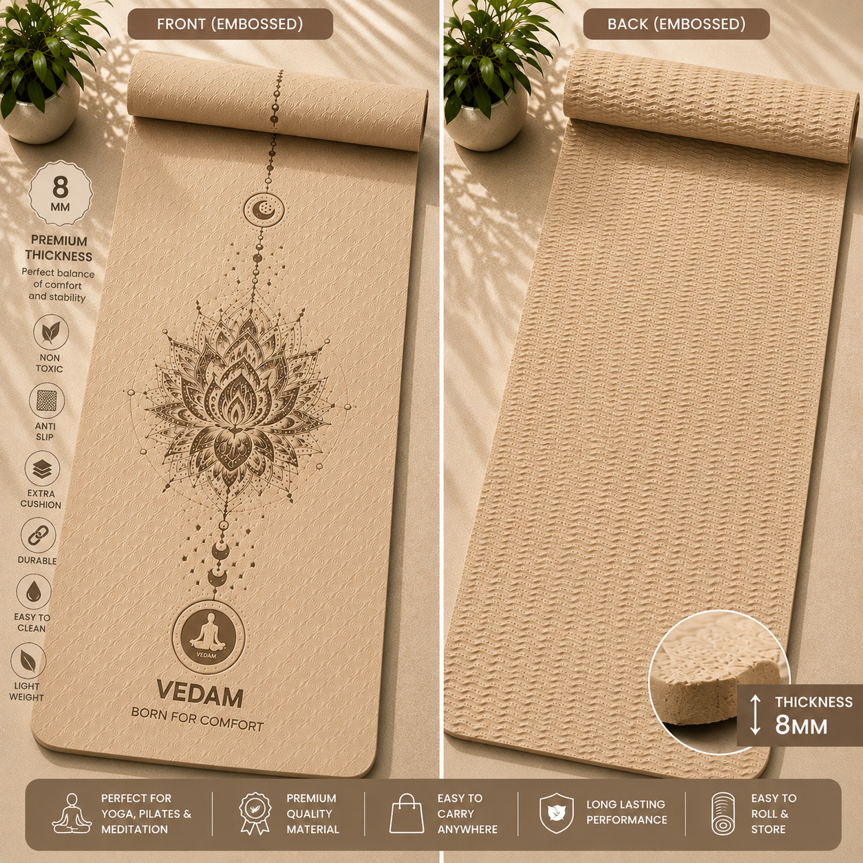 Vedam TPE Lotus Mandala Yoga Mat (Camel) 8MM - Image 4