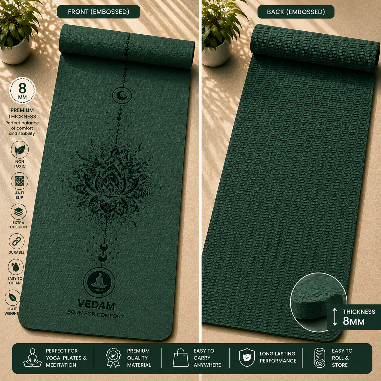 Vedam TPE Lotus Mandala Yoga Mat (Bottel Green) 8MM - Image 3