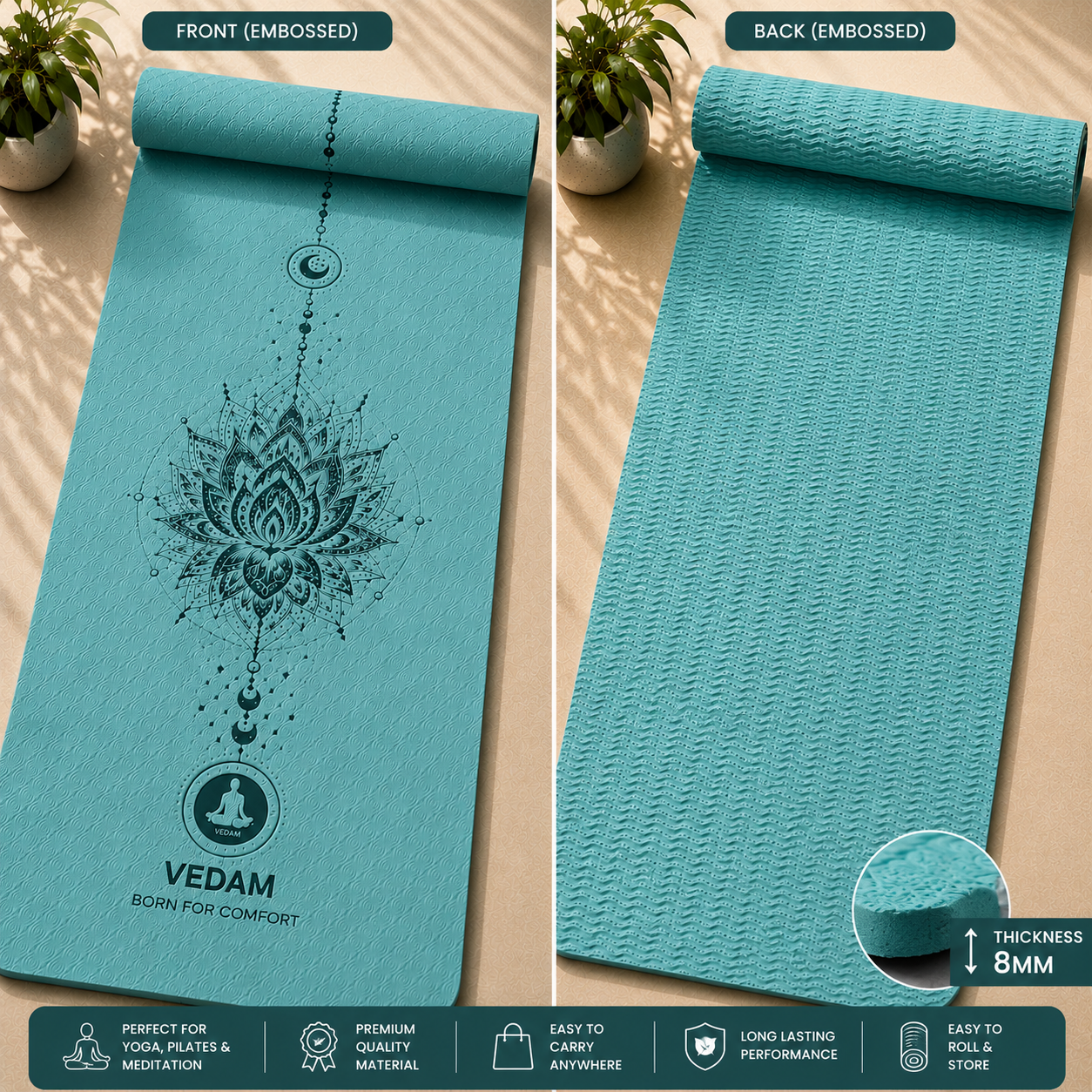 Vedam TPE Lotus Mandala Yoga Mat (Aqua) 8MM - Image 4