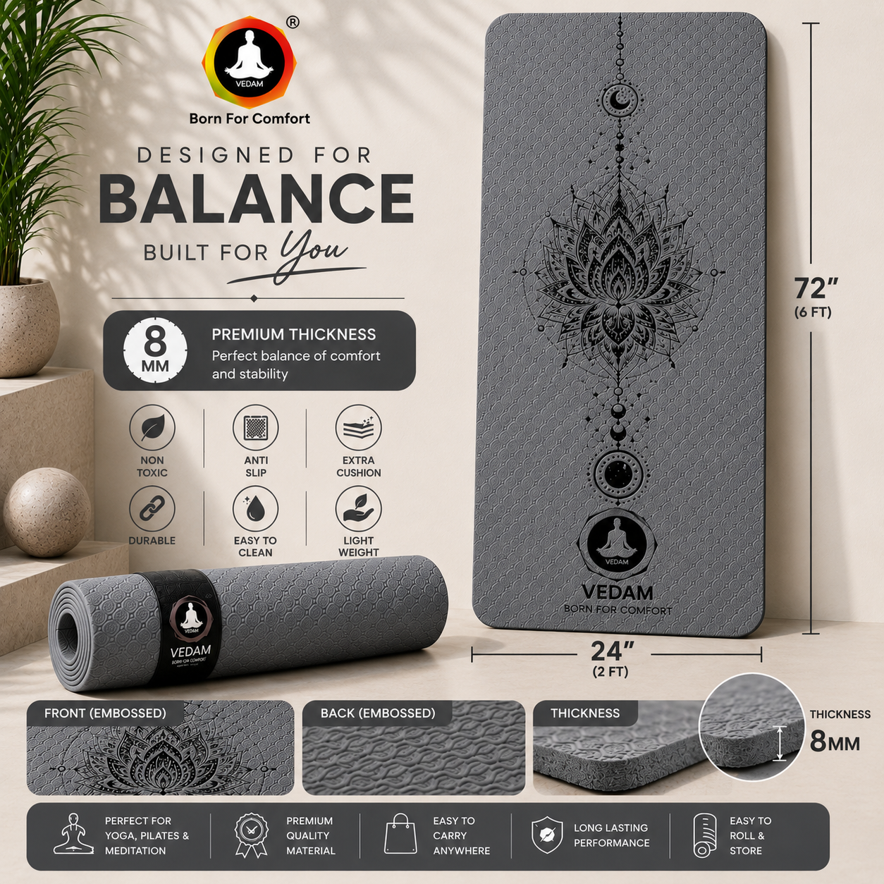 Vedam TPE Lotus Mandala Yoga Mat (Grey) 8MM - Image 2