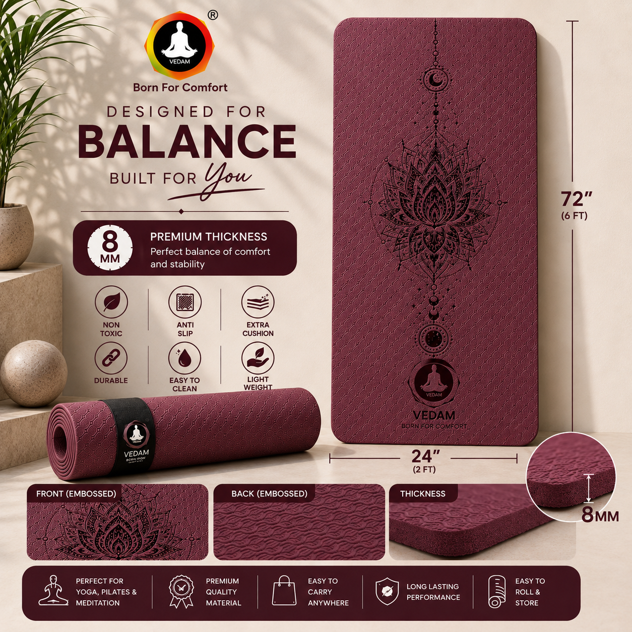 Vedam TPE Lotus Mandala Yoga Mat (Wine) 8MM - Image 2