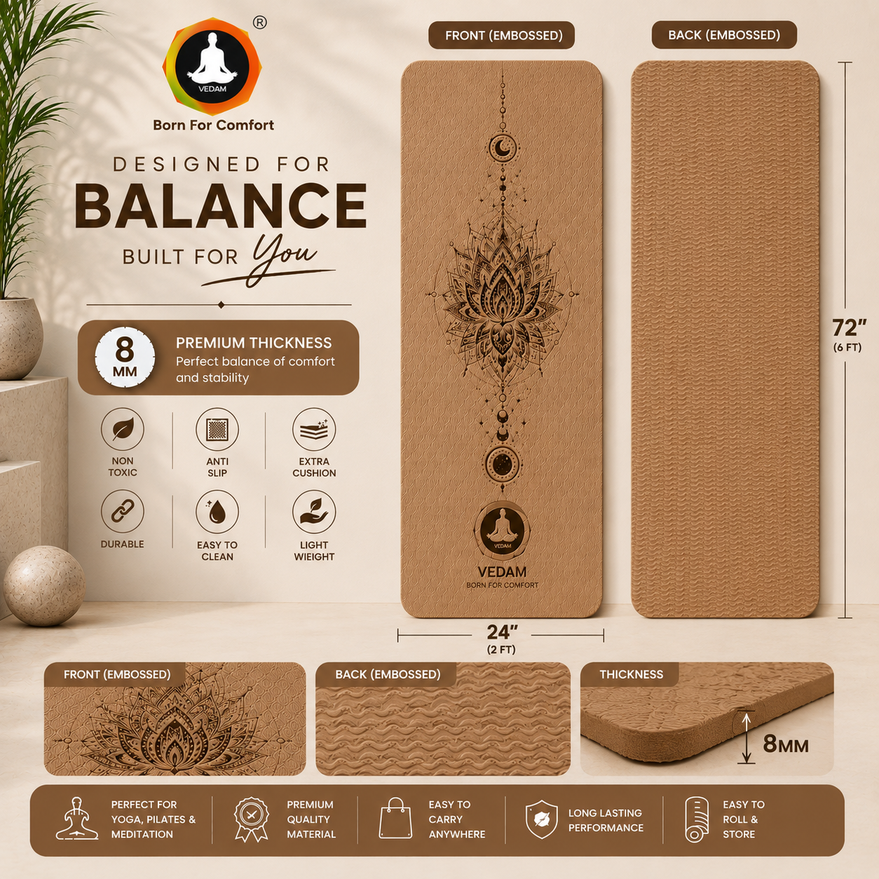 Vedam TPE Lotus Mandala Yoga Mat (Camel) 8MM - Image 2