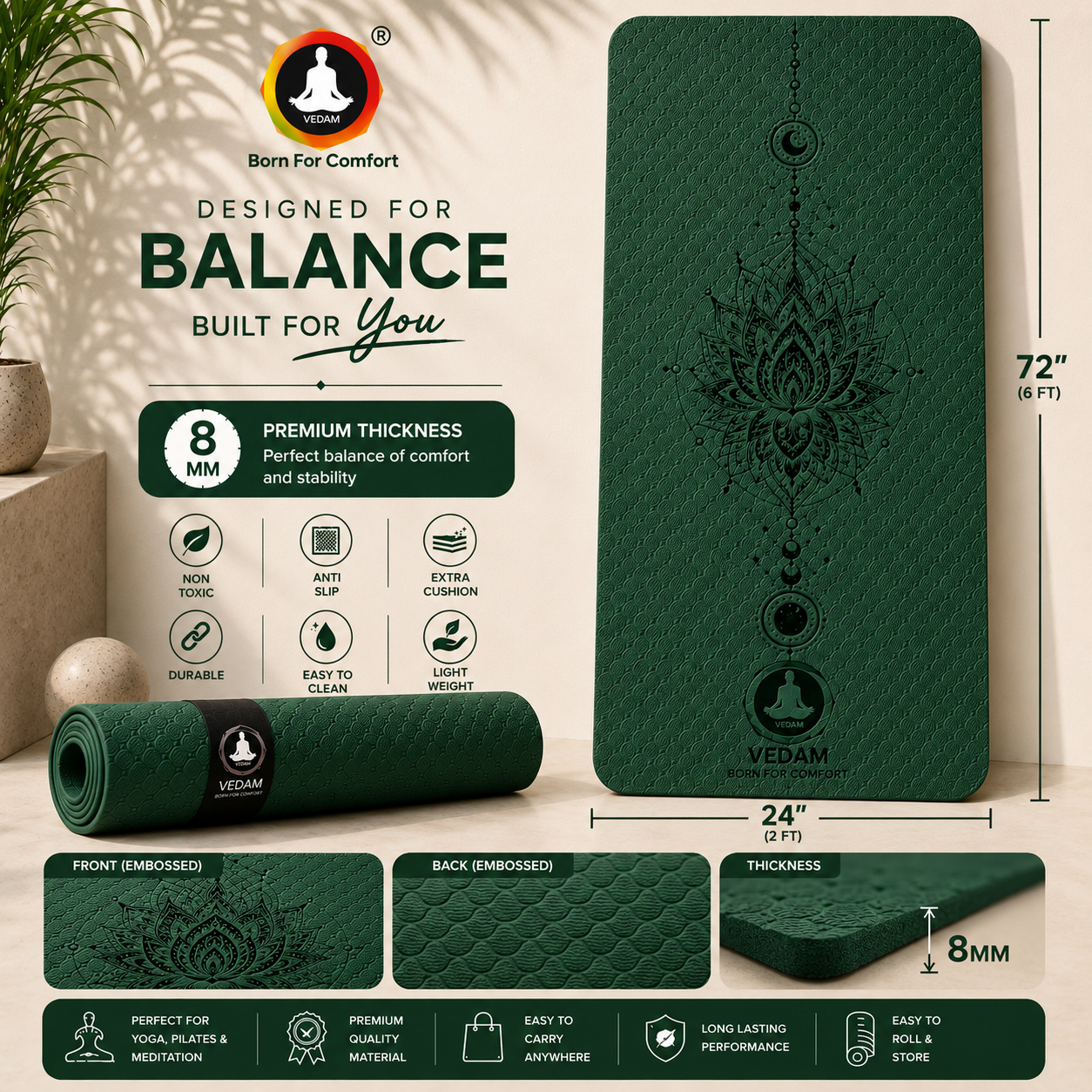 Vedam TPE Lotus Mandala Yoga Mat (Bottel Green) 8MM - Image 2