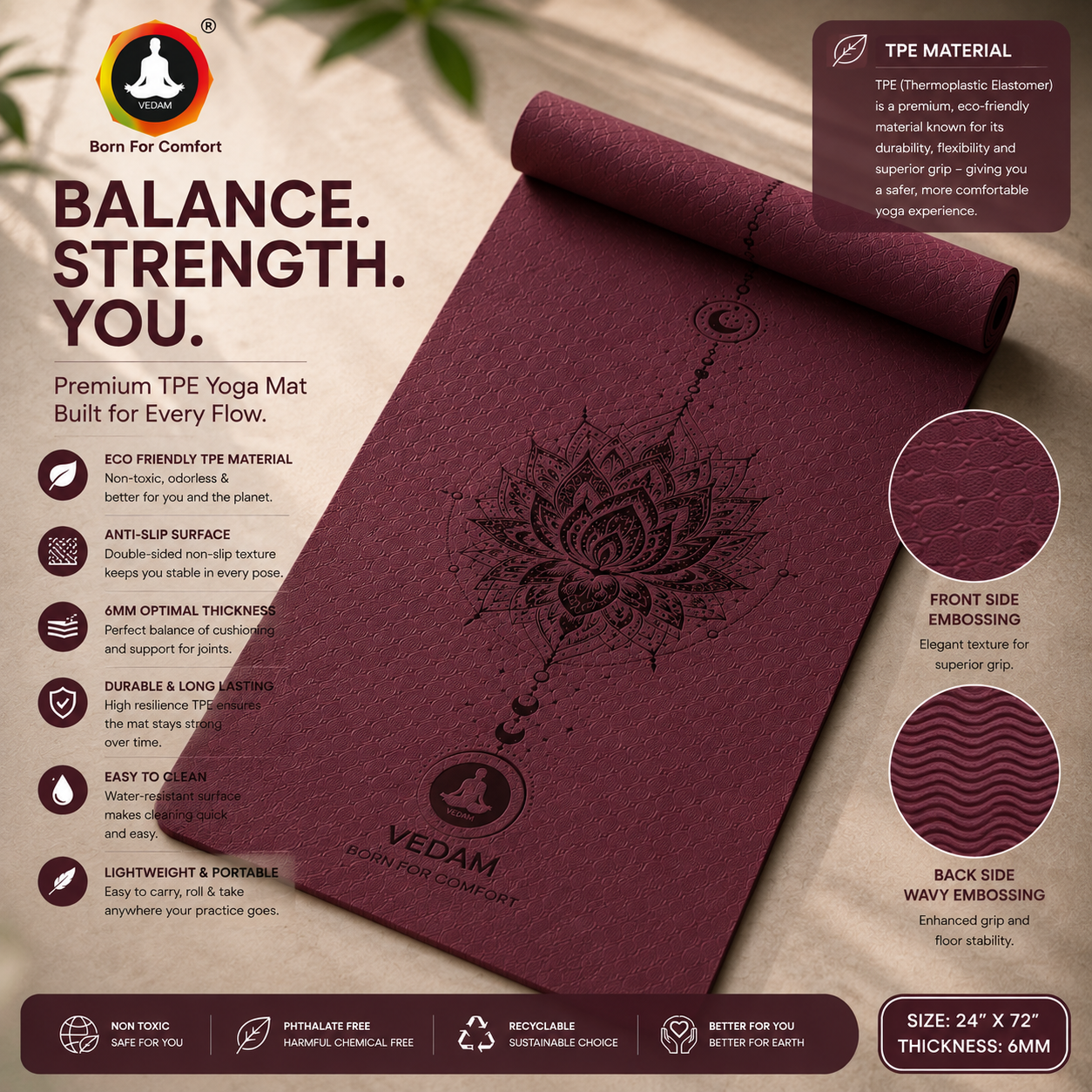 Vedam TPE Lotus Mandala Yoga Mat (Wine) 8MM - Image 3