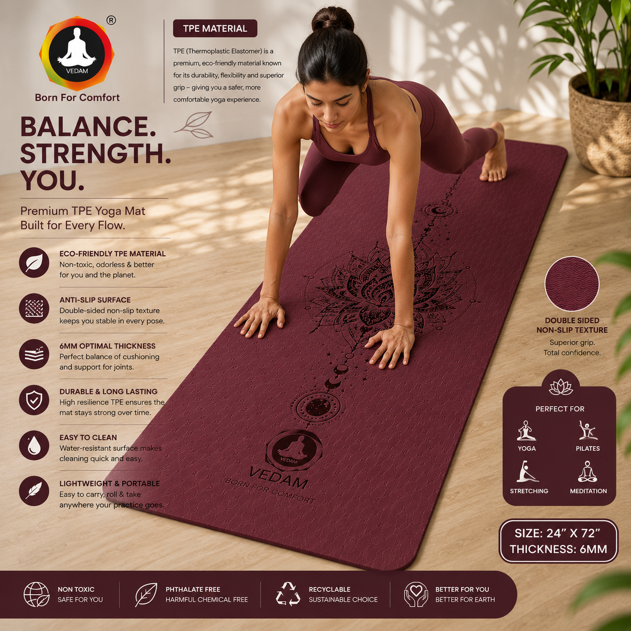 Vedam TPE Lotus Mandala Yoga Mat (Wine) 8MM - Image 4