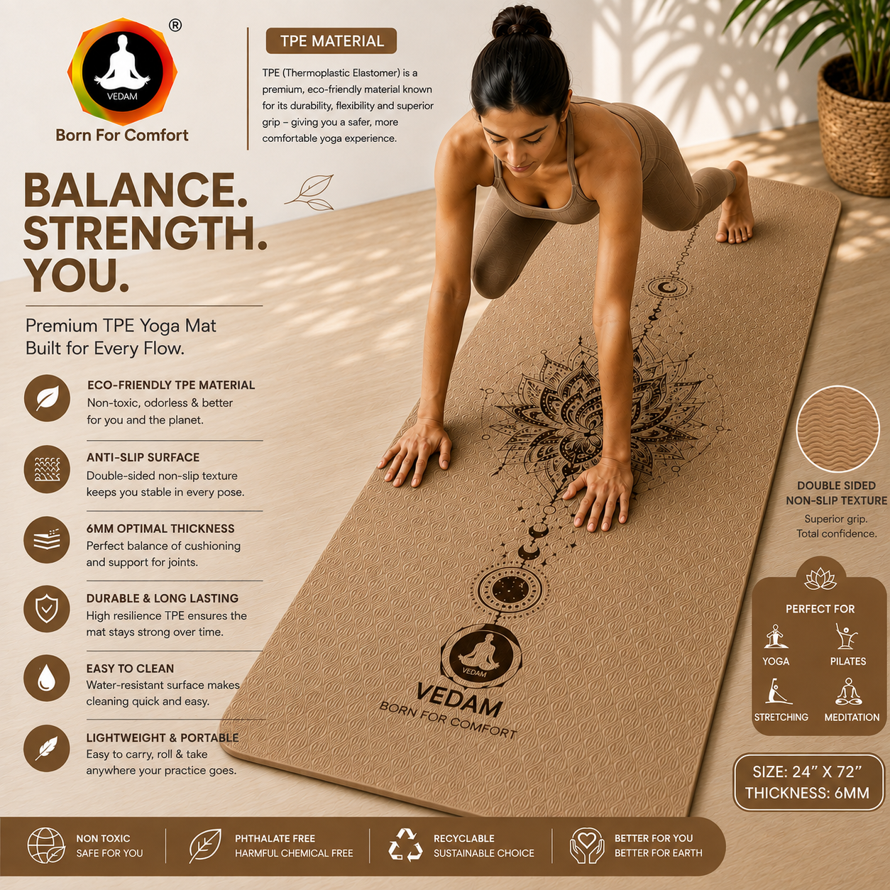 Vedam TPE Lotus Mandala Yoga Mat (Camel) 8MM - Image 3