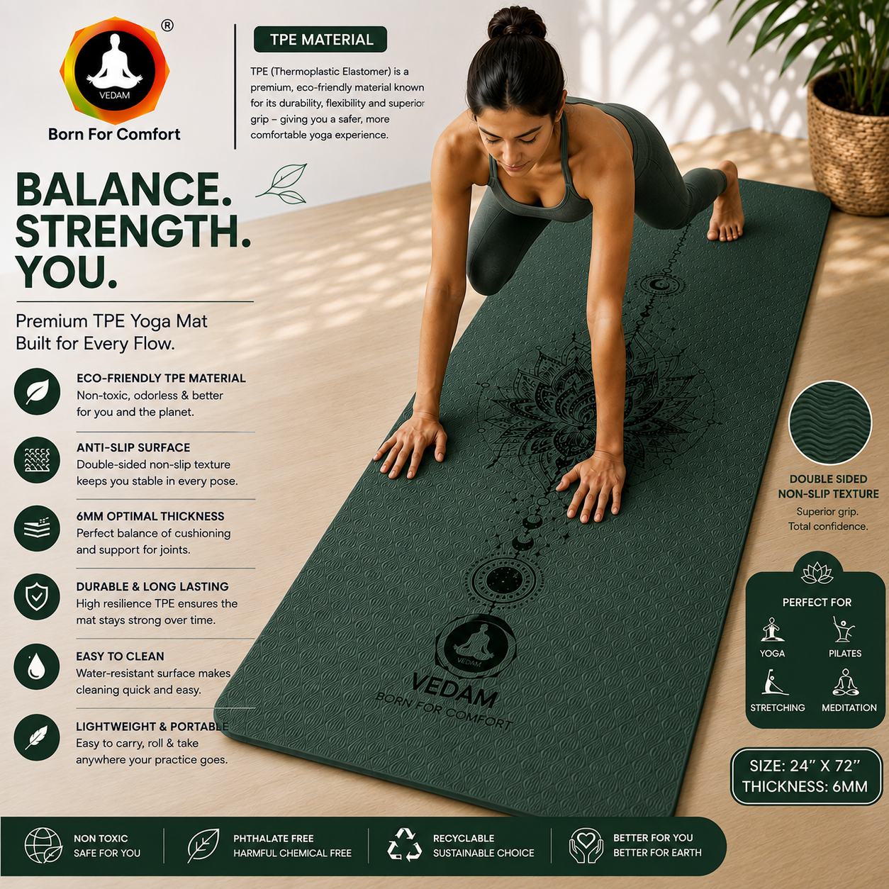 Vedam TPE Lotus Mandala Yoga Mat (Bottel Green) 8MM - Image 4