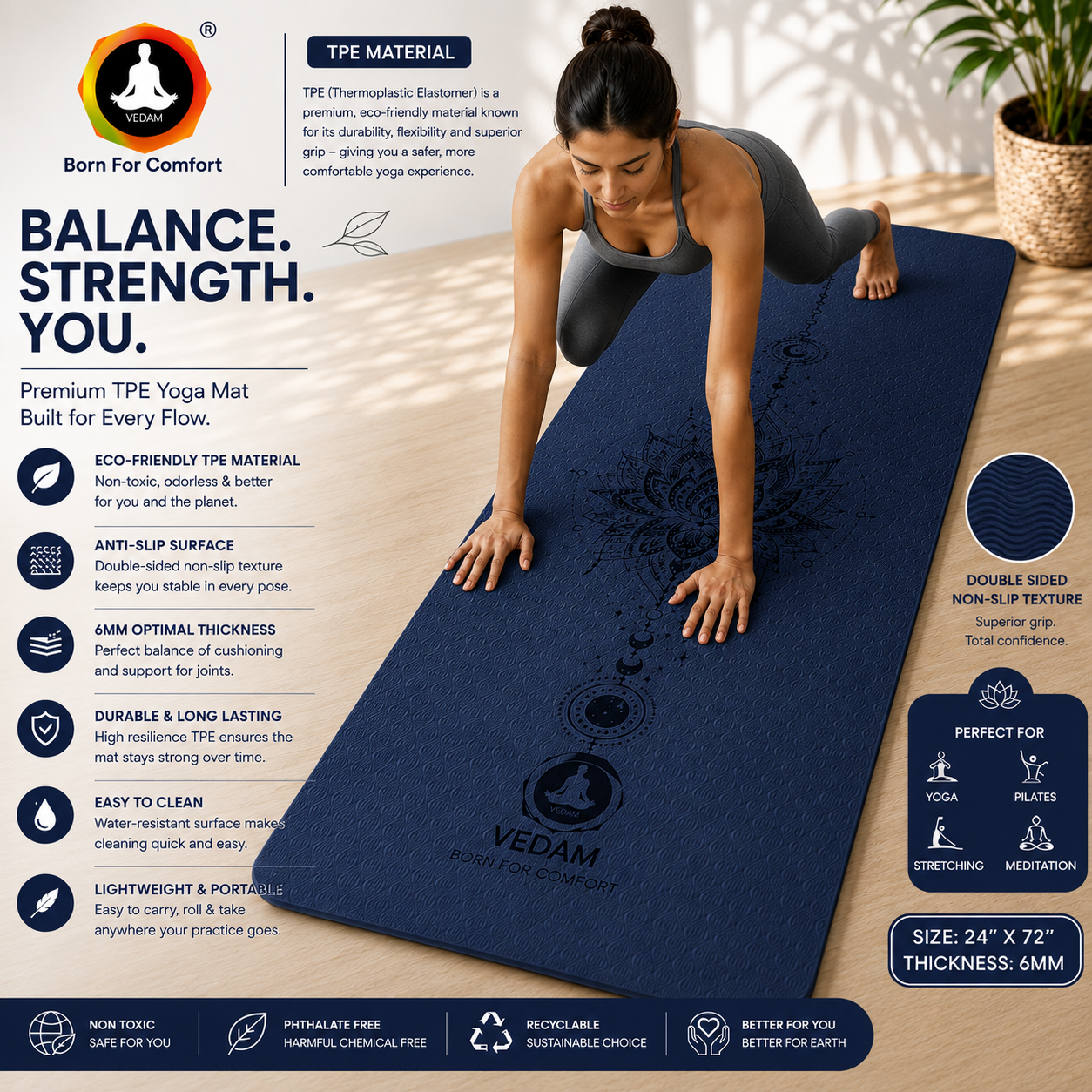 Vedam TPE Lotus Mandala Yoga Mat (Navy) 8MM - Image 3