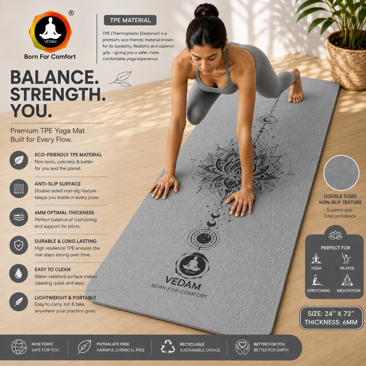 Vedam TPE Lotus Mandala Yoga Mat (Grey) 8MM - Image 3