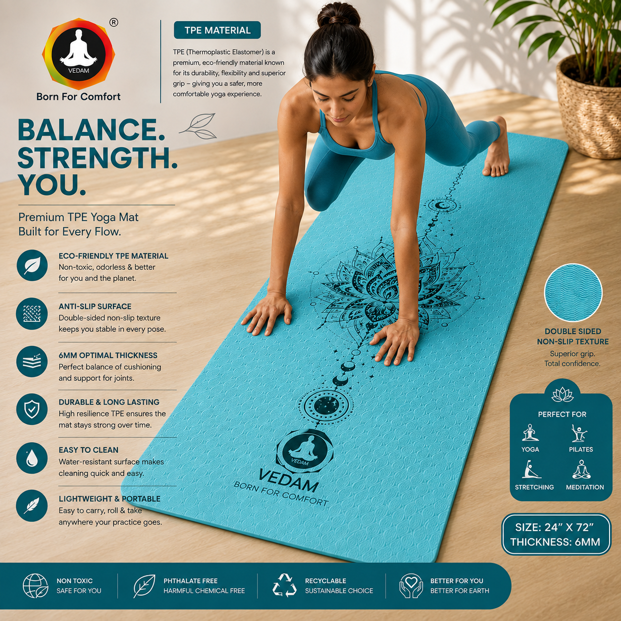 Vedam TPE Lotus Mandala Yoga Mat (Aqua) 8MM - Image 3