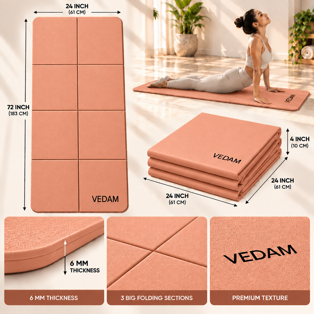 Vedam Foldable Yoga Mat – 6mm (PEACH) - Image 3