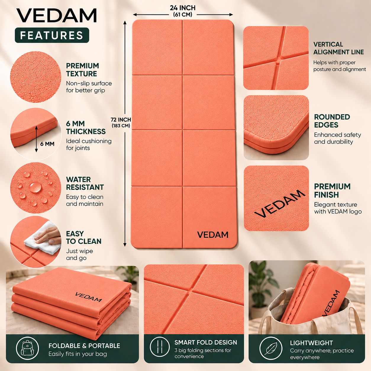Vedam Foldable Yoga Mat – 6mm (PEACH) - Image 2