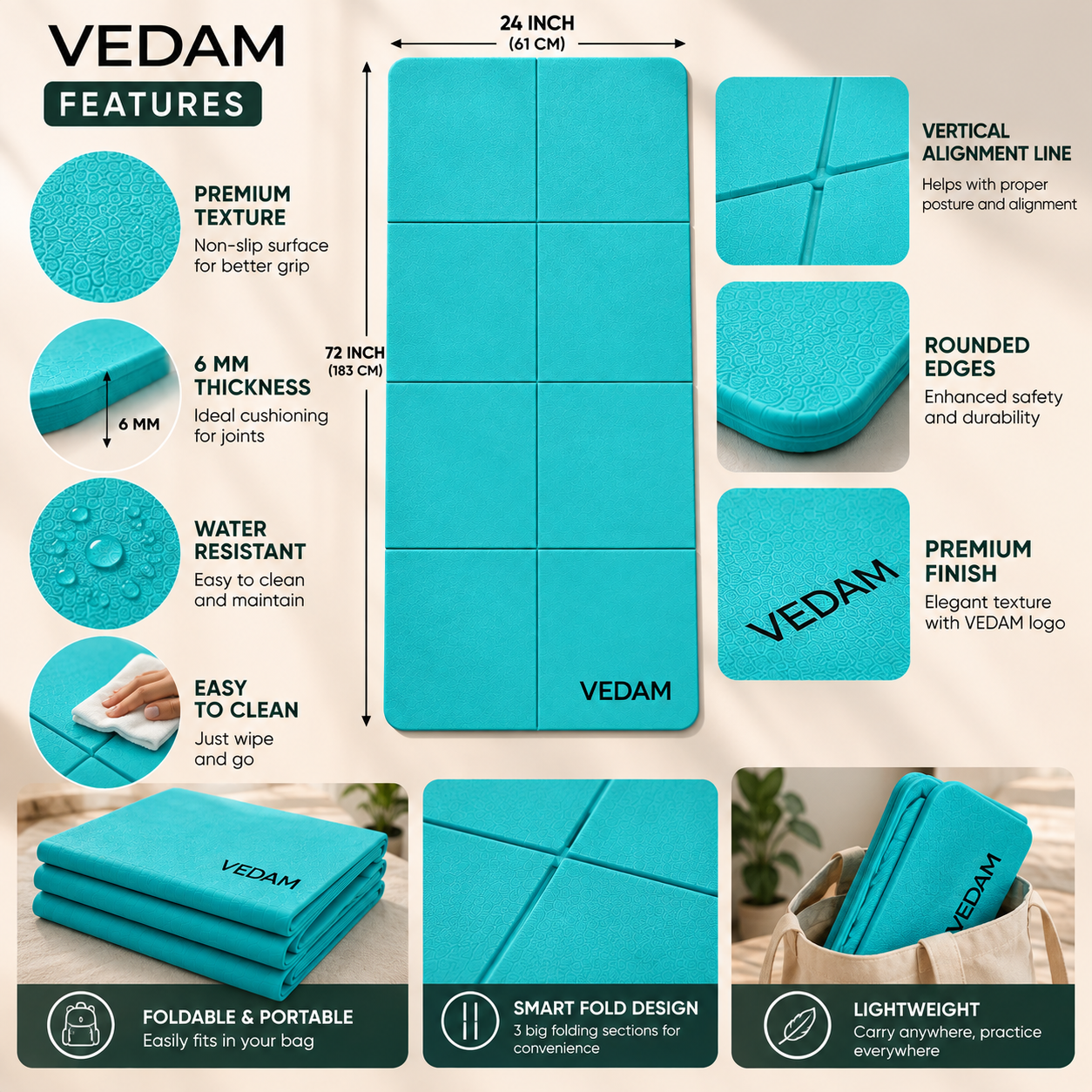 Vedam Foldable Yoga Mat – 6mm (AQUA) - Image 3