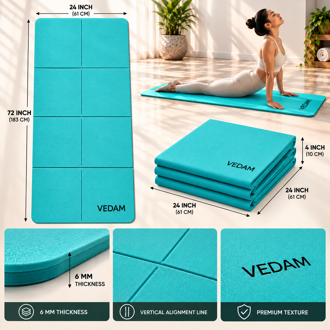 Vedam Foldable Yoga Mat – 6mm (AQUA) - Image 2