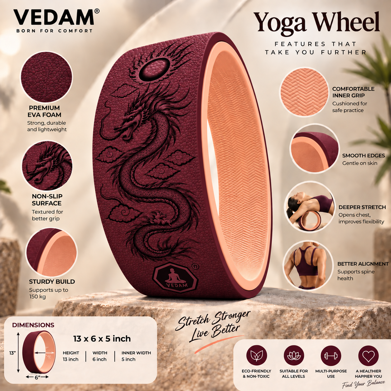 Vedam Yoga Wheel 13"x 6.5" DRAGON ENERGY (WINE) - Image 4
