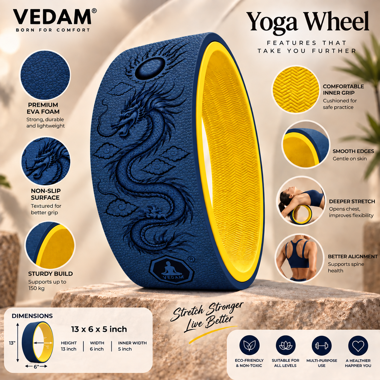 Vedam Yoga Wheel 13"x 6.5" DRAGON ENERGY (Navy) - Image 3