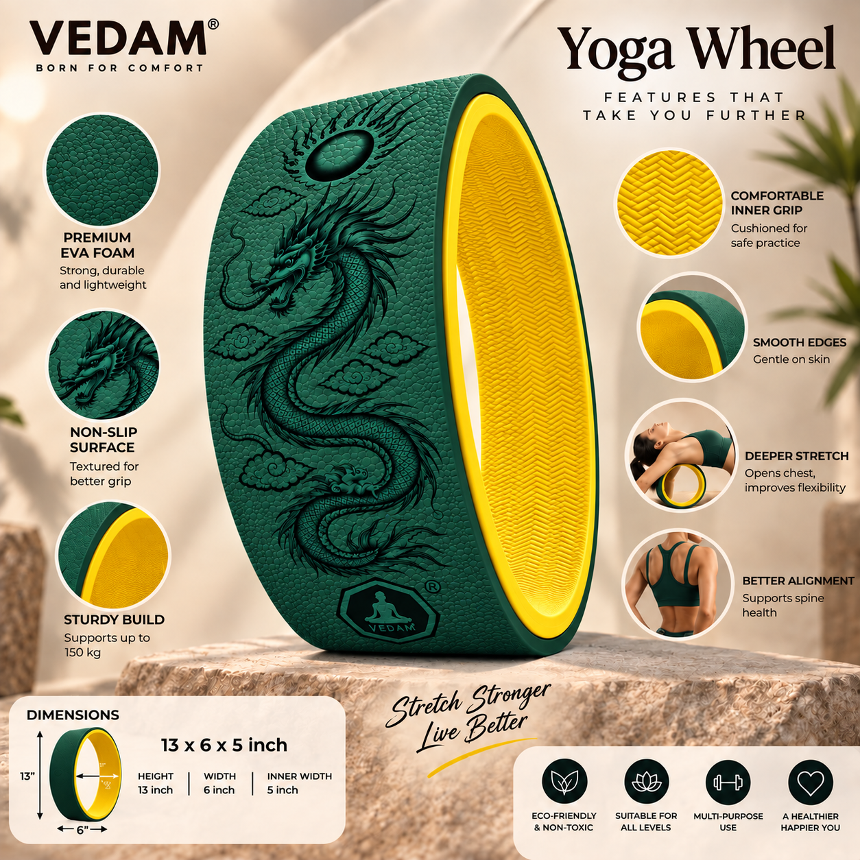 Vedam Yoga Wheel 13"x 6.5" DRAGON ENERGY (BOTTEL GREEN) - Image 4