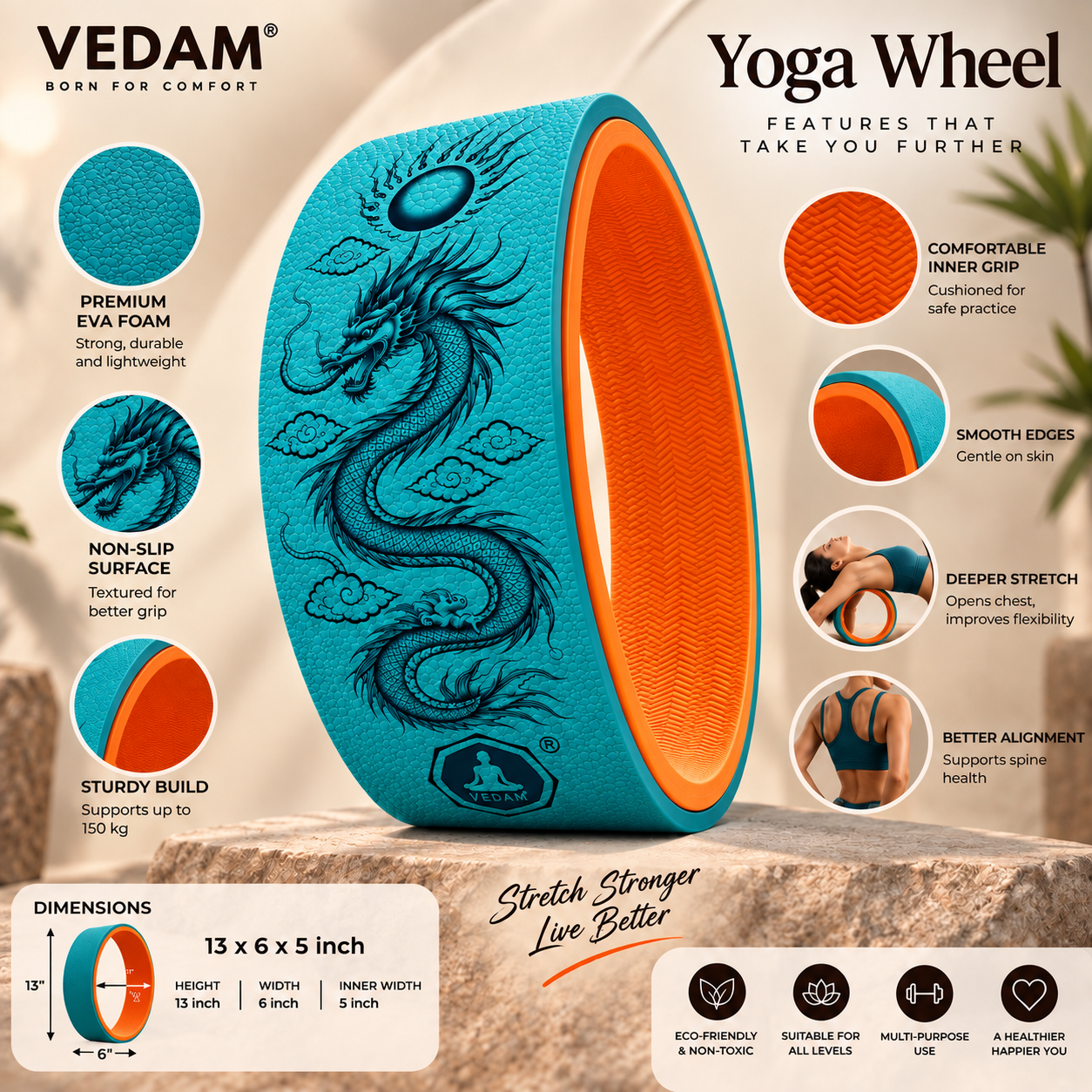 Vedam Yoga Wheel 13"x 6.5" DRAGON ENERGY (AQUA) - Image 4