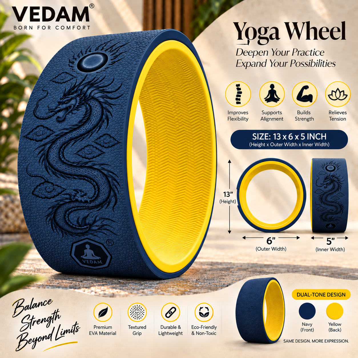 Vedam Yoga Wheel 13"x 6.5" DRAGON ENERGY (Navy) - Image 2