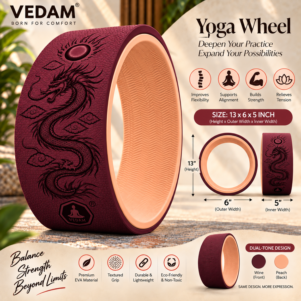 Vedam Yoga Wheel 13"x 6.5" DRAGON ENERGY (WINE) - Image 3