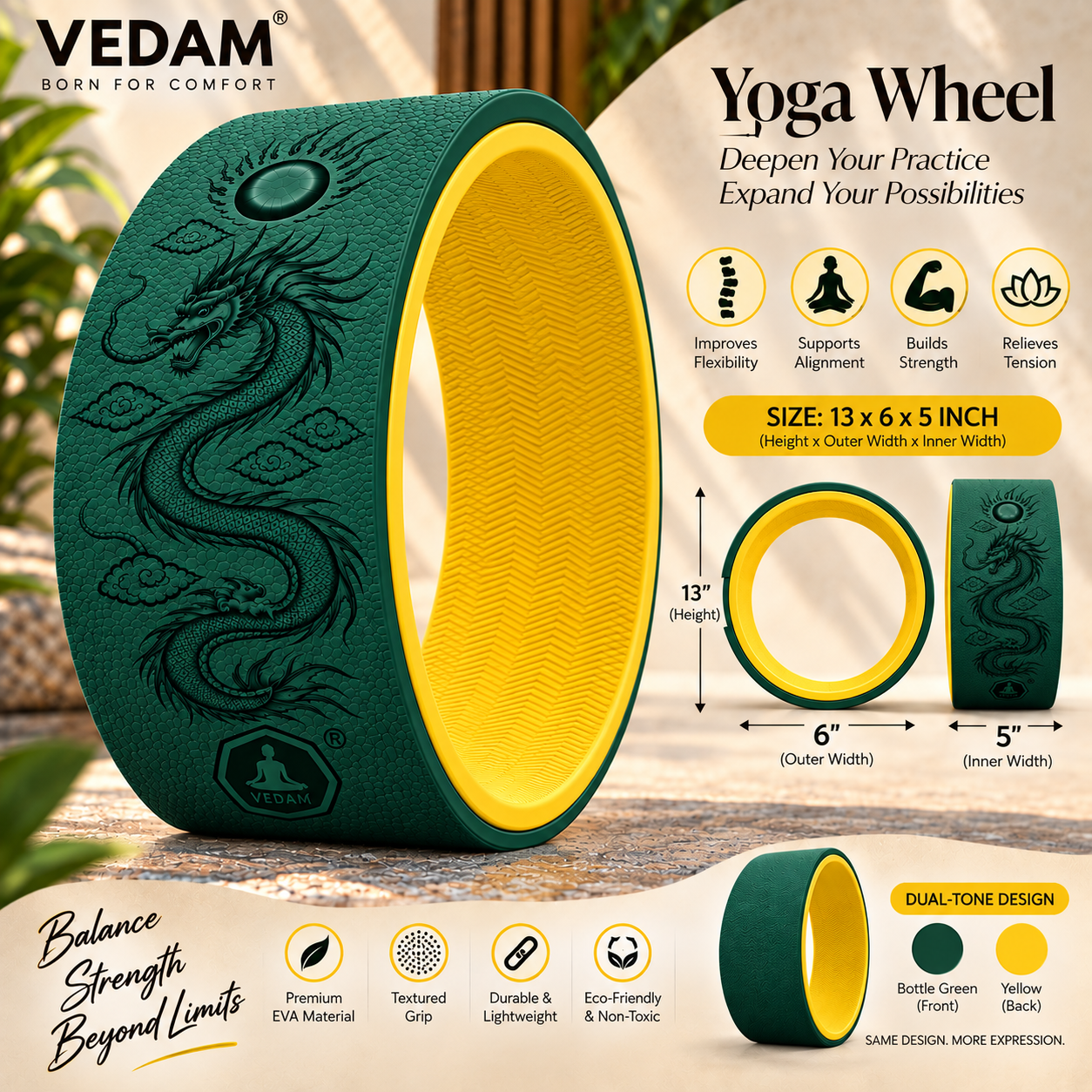Vedam Yoga Wheel 13"x 6.5" DRAGON ENERGY (BOTTEL GREEN) - Image 2