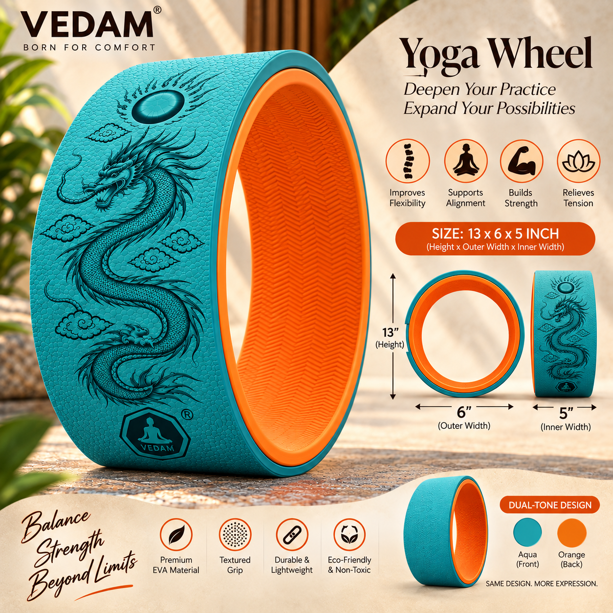 Vedam Yoga Wheel 13"x 6.5" DRAGON ENERGY (AQUA) - Image 2