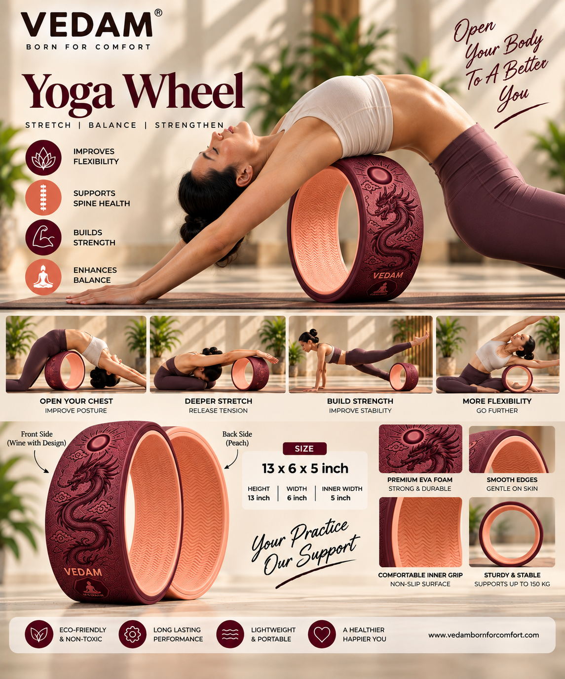 Vedam Yoga Wheel 13"x 6.5" DRAGON ENERGY (WINE) - Image 2
