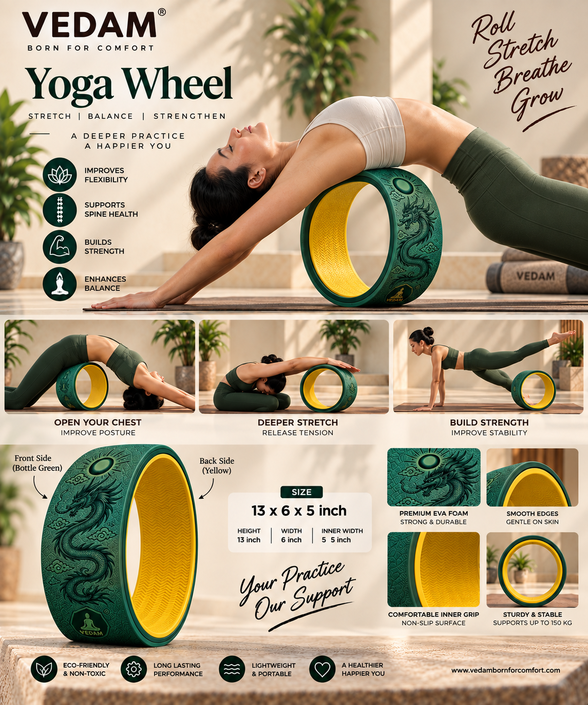 Vedam Yoga Wheel 13"x 6.5" DRAGON ENERGY (BOTTEL GREEN) - Image 3