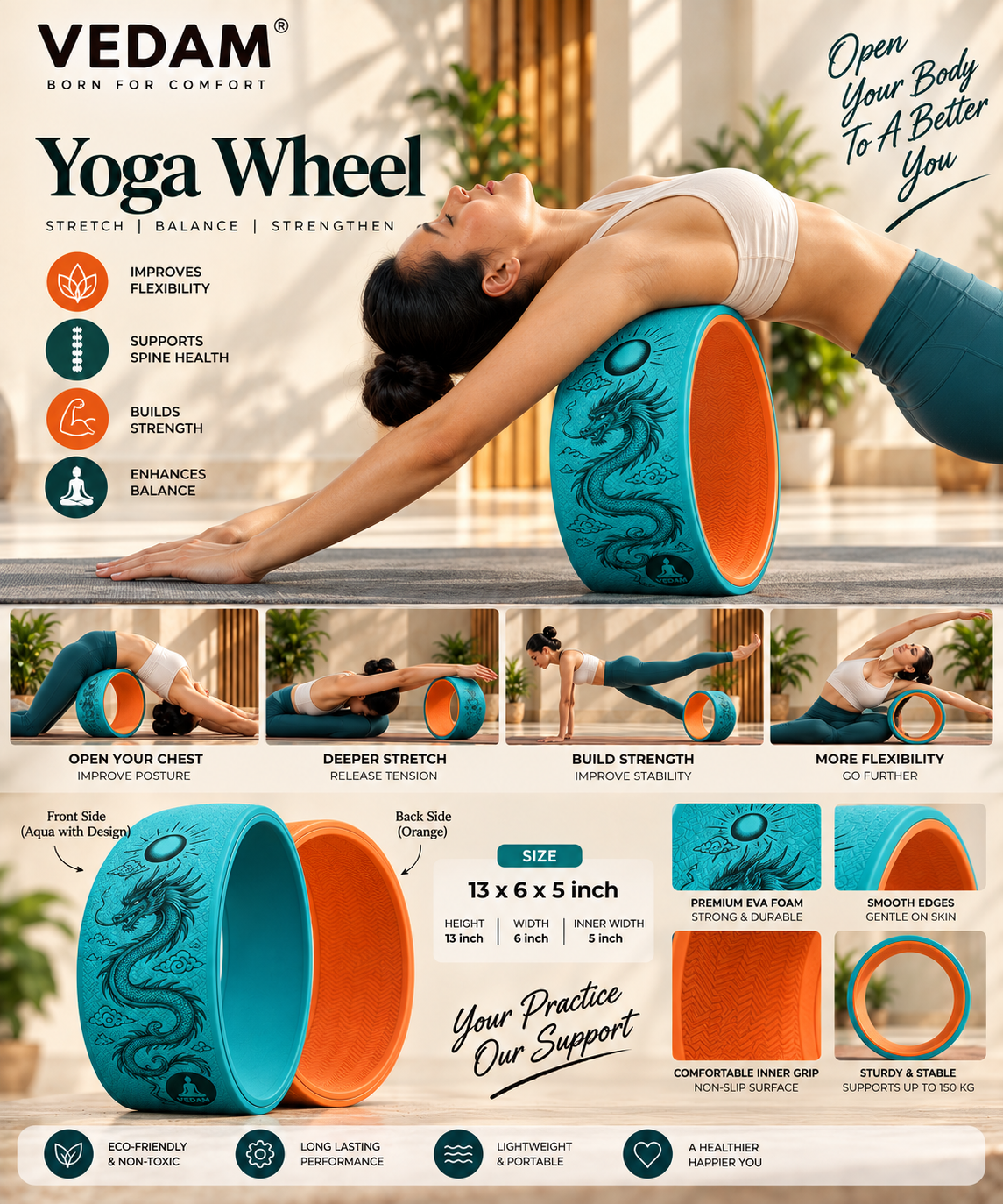 Vedam Yoga Wheel 13"x 6.5" DRAGON ENERGY (AQUA) - Image 3