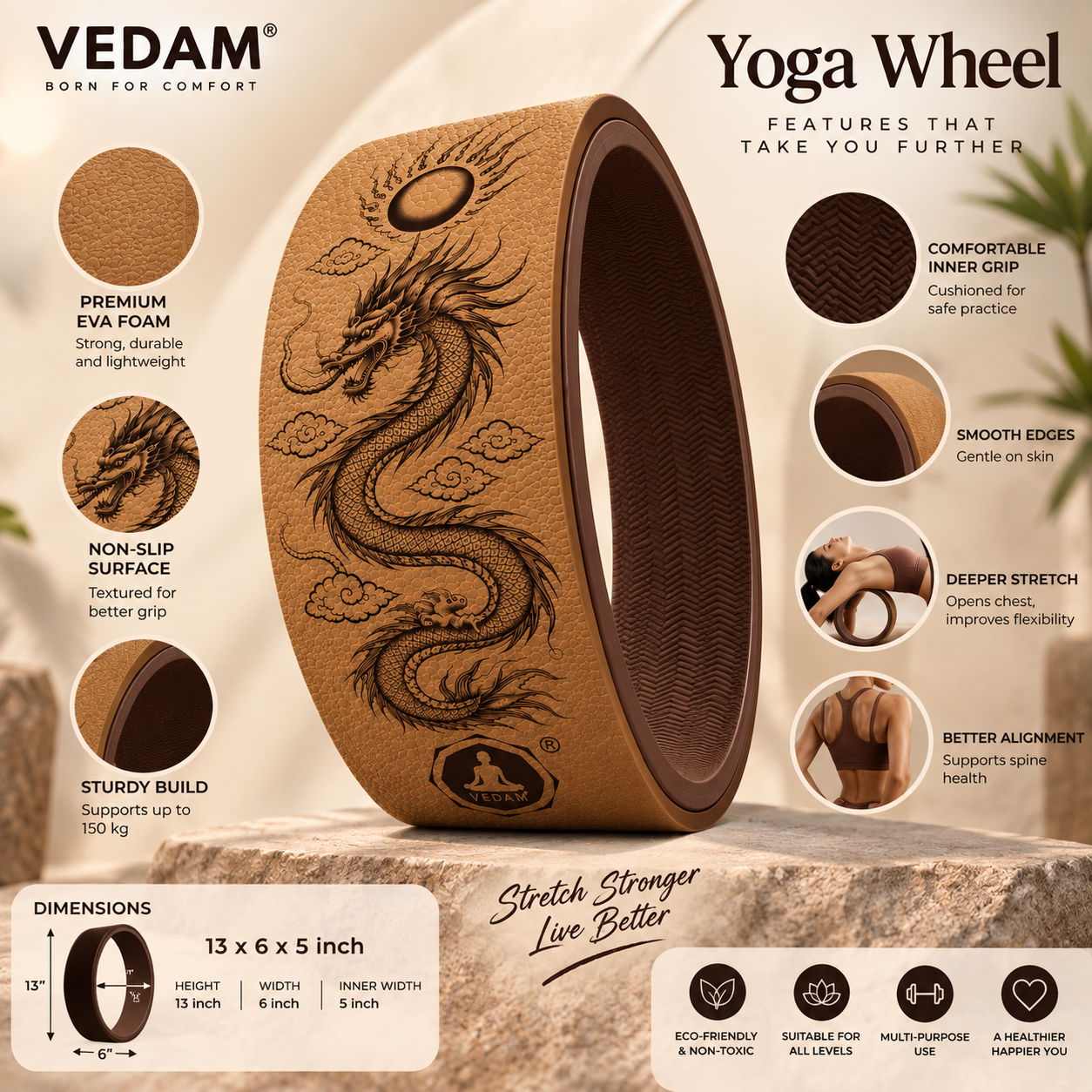 Vedam Yoga Wheel 13"x 6.5" DRAGON ENERGY (CAMEL) - Image 3