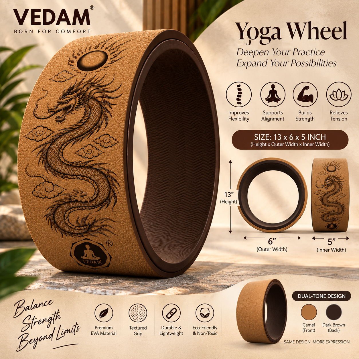 Vedam Yoga Wheel 13"x 6.5" DRAGON ENERGY (CAMEL) - Image 2
